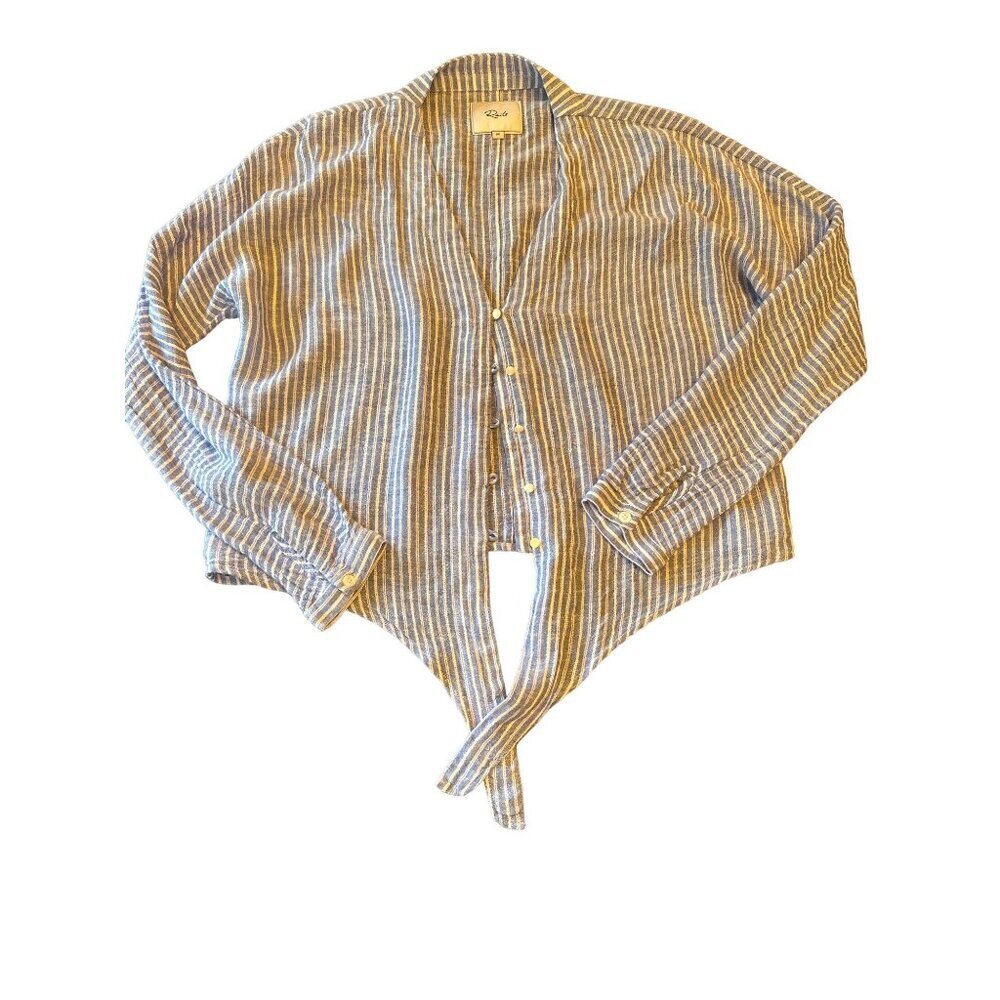 Rails Blue White Striped Linen Blend Long‎ Sleeve Waist Tie Shirt Size Medium